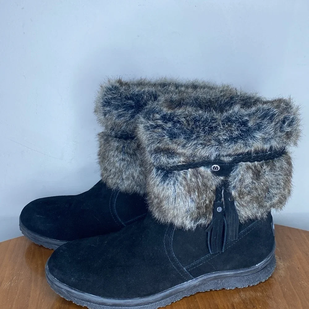 Minnetonka Black Suede Winter Ankle Boots with Faux Fur Cuff Size 9